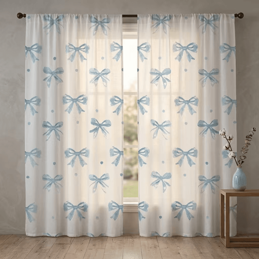 2pcs Light Blue Polka Dot Bow Curtains, Sea Salt Romantic Style Rod Pocket Curtains Suitable For Bedroom Living Room, Sweet Style Decorative Curtains, Versatile Curtains, Suitable For All Seasons, Machine Washable, Living Room Curtains